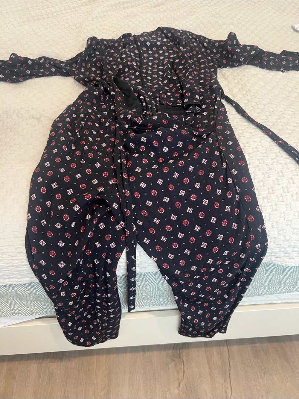 LOFT Black Printed Wrap Jumpsuit with Red & White Motif